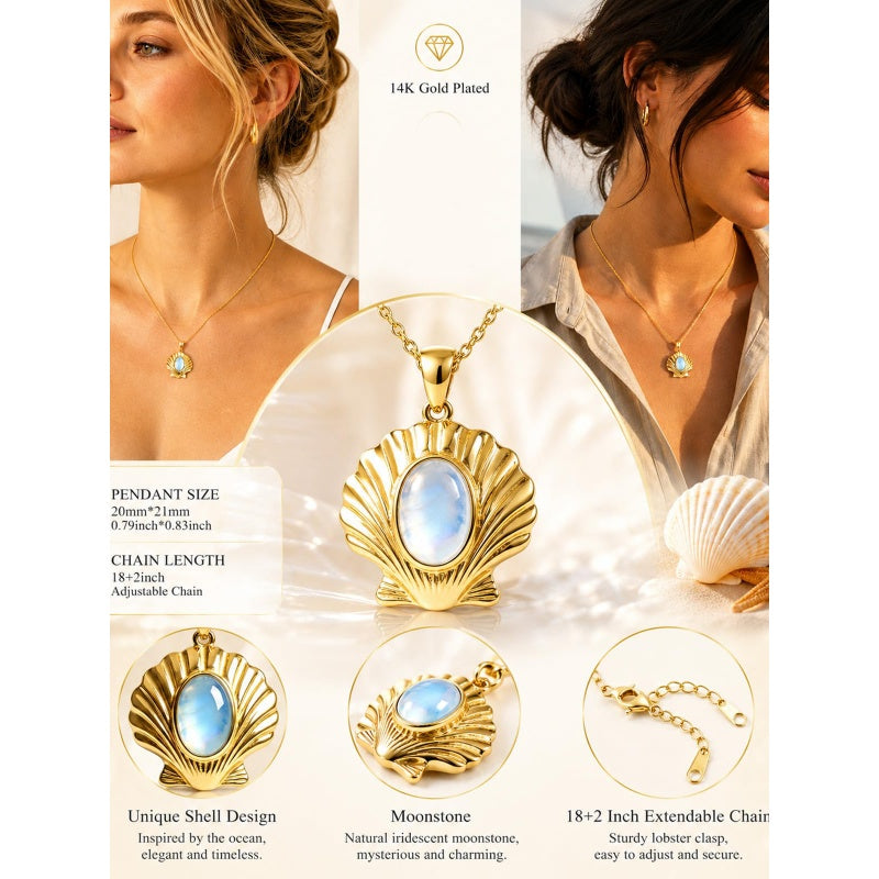 14K Gold Plated Moonstone Octopus Sea Turtle Conch Shell Starfish Seashell Ocean Necklace for Women