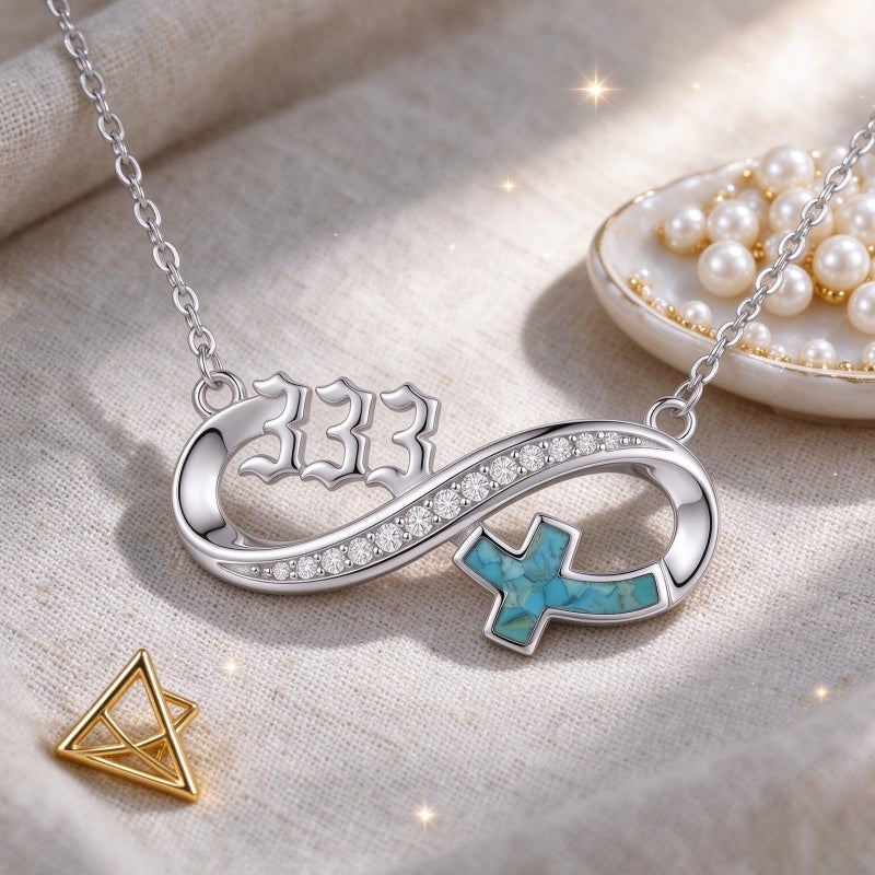Sterling Silver Turquoise & Zirconia Infinity  111 222 333 444 777 Angel Number Pendant Necklace for Women