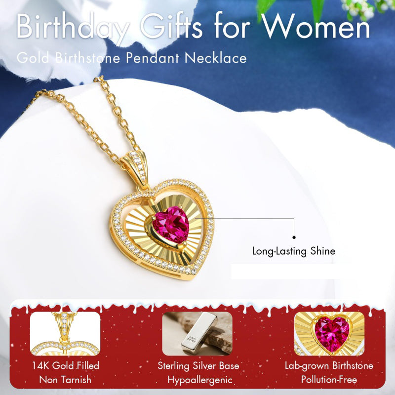 14K Gold  Plated Reversible Heart Birthstone Necklace with Zodiac Engraved Back Gifts for Women
