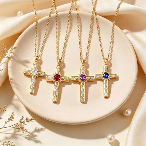 14K Gold Plated Birthstone Infinity  Cross Pendant NecklaceJewelry for Women