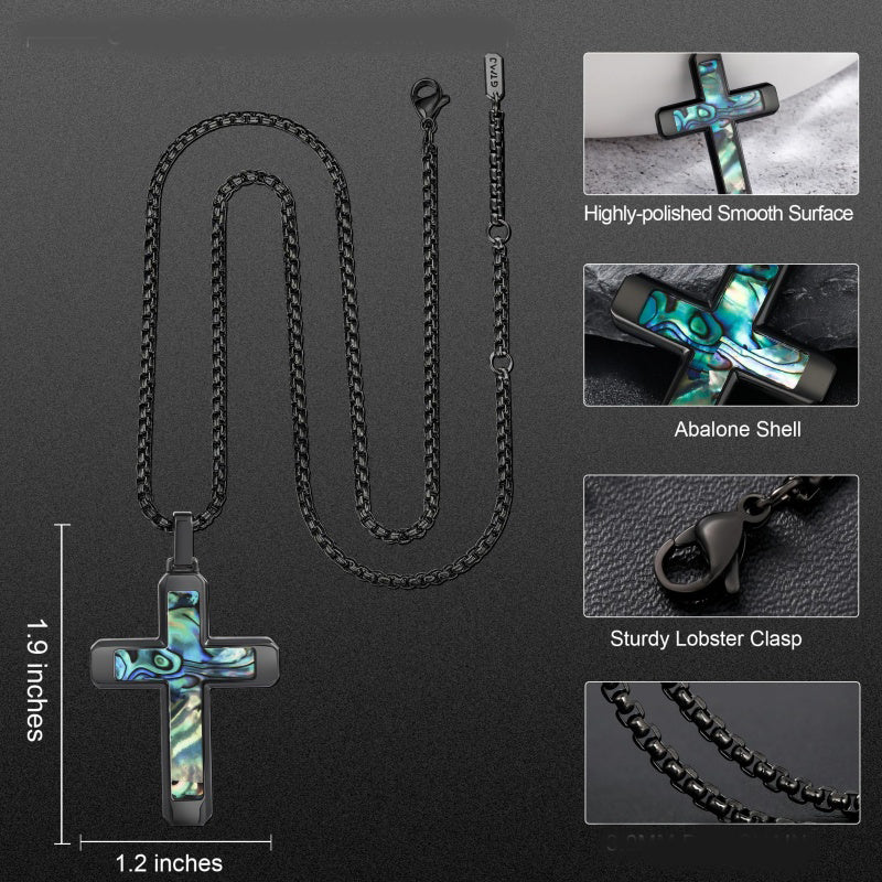 14K Gold Plated Wooden Abalone Shell Cross Pendant Necklacefor Men