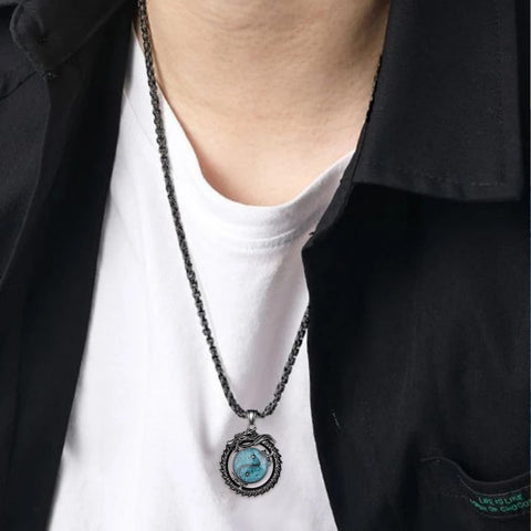 14K Gold Plated Turquoise Wolf Thor's Hammer Ankh Dragon Lion Compass Crucifix Pendant Necklace for Men