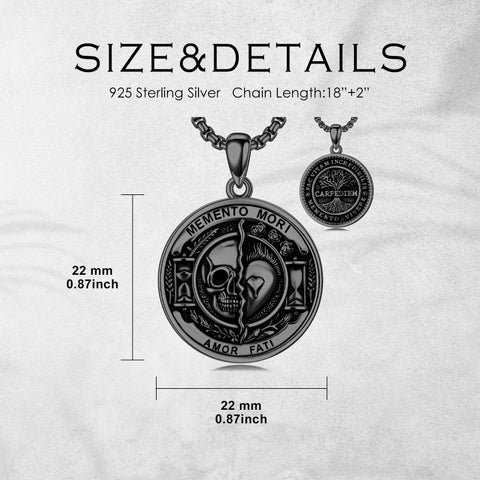 Sterling Silver Memento Mori Gothic Skull Amulet Pendant Necklace for Men