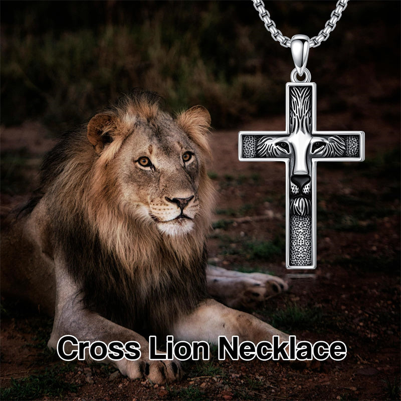 Sterling Silver Wooden Lion Orthodox Sword Wolf Cross Pendant Necklace
