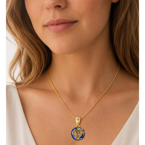14K Gold Plated Blue Crystal Saint Protection Pendant Necklace Amulet Baptism Gift