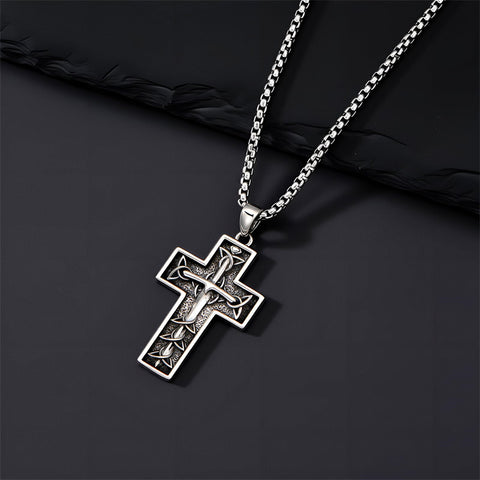 Sterling Silver Cross Christian Pendant Necklace for Men