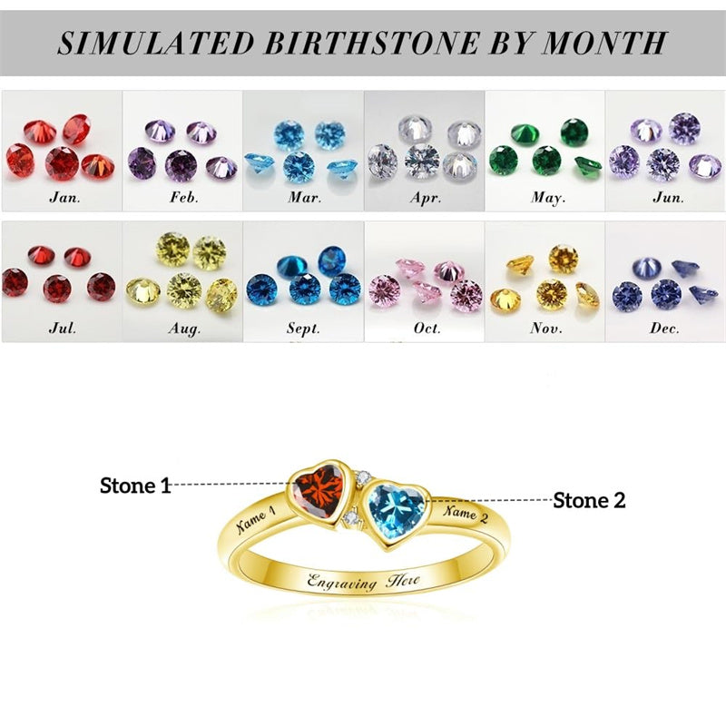 10K 14K 18K Gold Personalized 2 Birthstones Engraved Ring Mother's Day Gift