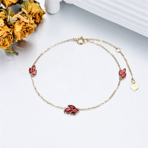 9k 14k Gold Garnet Leaf Red Bracelet
