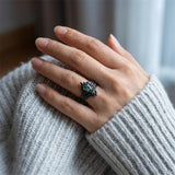 Sterling Silver 10K 14K  18K Gold Personalized Engraved Moss Agate Gothic Promise Wedding Engagement Black Ring Set