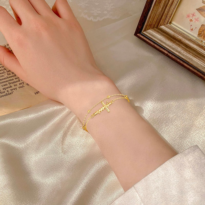 14K Gold Plated  Faith Cross Religious  Double Layered Anklet