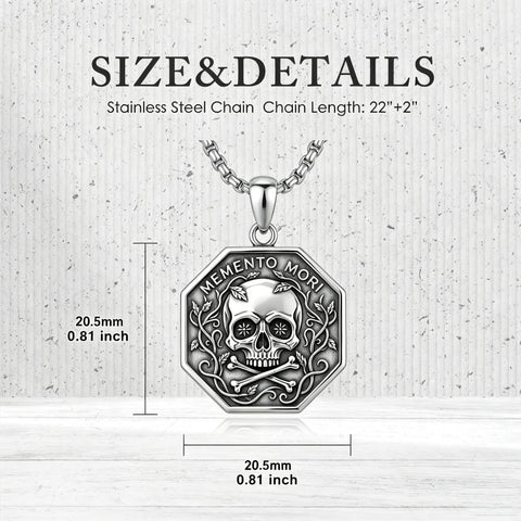 Sterling Silver Memento Mori Gothic Skull Amulet Pendant Necklace for Men