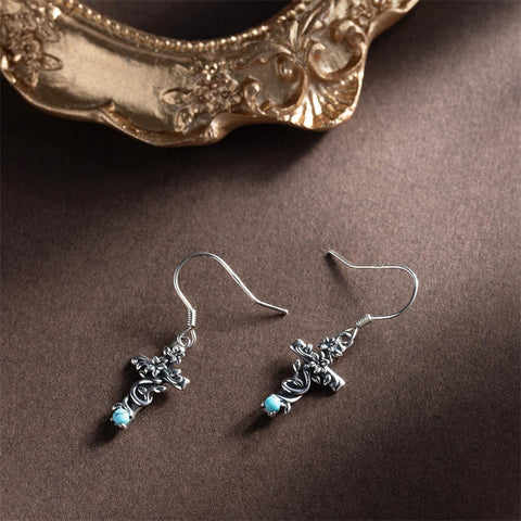 Sterling Silver Turquoise Flower Cross Dangle Earrings