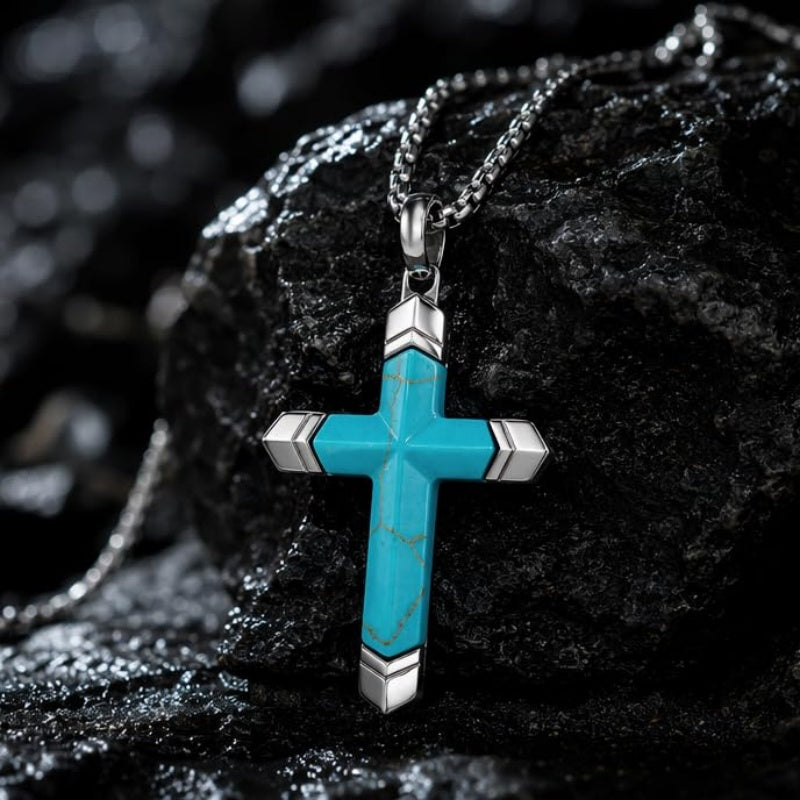14K Gold Plated Turquoise Lapis Lazuli Cross Necklace for Men with Adjustable Chain
