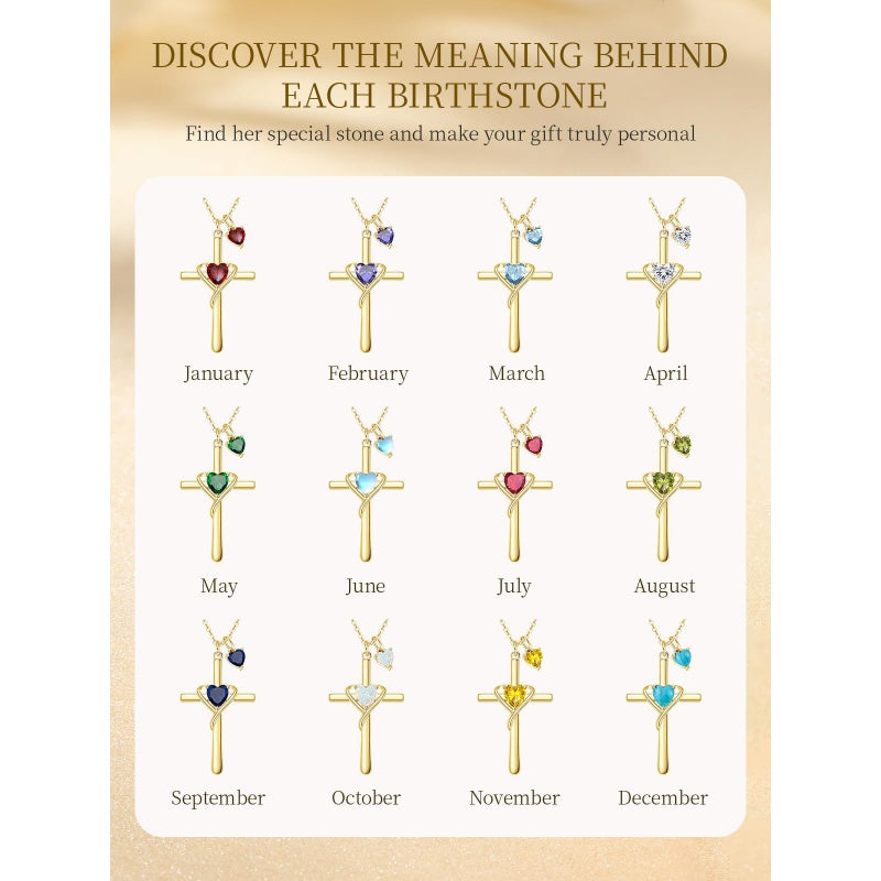 14K Gold Plated Birthstone Rose Cross Necklace for Women Faith Jewelry Gift
