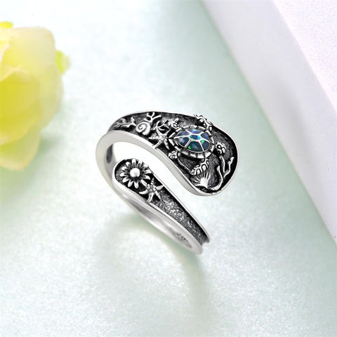 Sterling Silver Adjustable Dragon Moth Octopus Shark Stingray Sea Turtle Spoon Ring