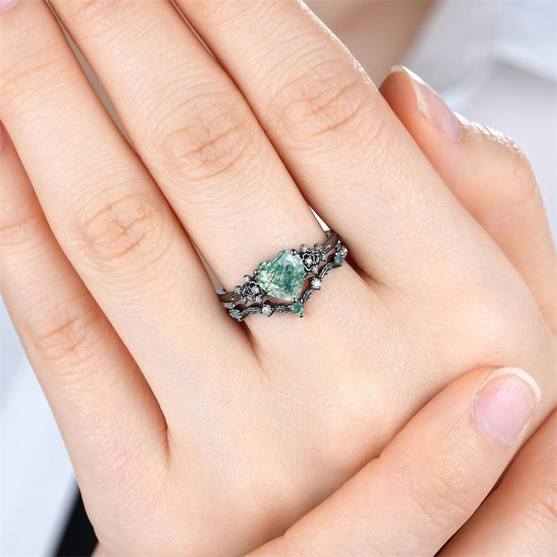 Sterling Silver 10K 14K 18K Gold Vintage Nature Moss Agate Engagement Ring Sets for Women
