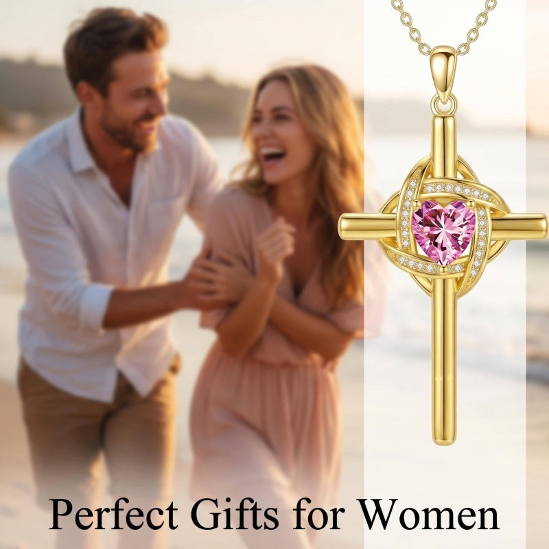 10K 14K 18K Gold Birthstone Cross Pendant Necklace Christian Jewelry