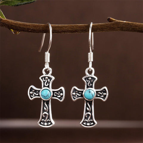 Sterling Silver Turquoise Cross Dangle Earrings