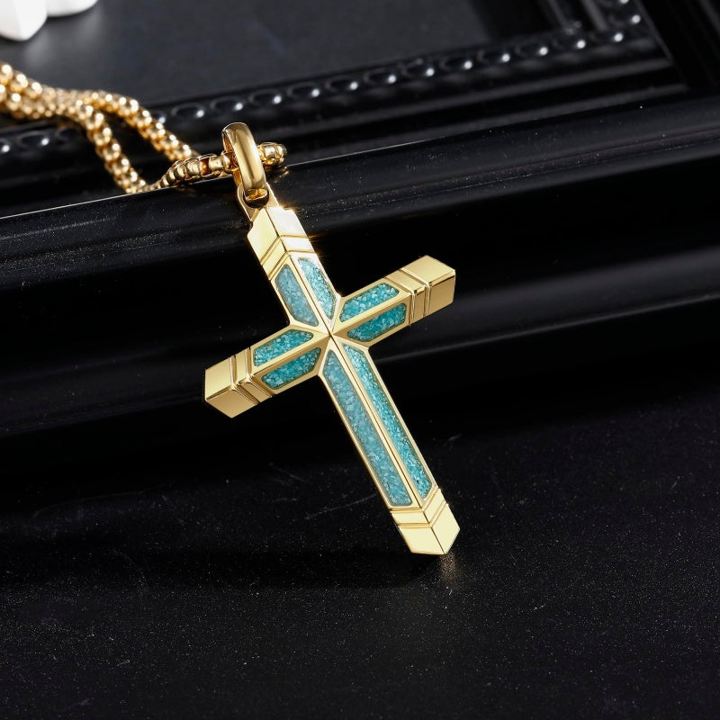 14K Gold Plated Turquoise Malachite Cross Necklace for Men Christianity Cross Jewelry