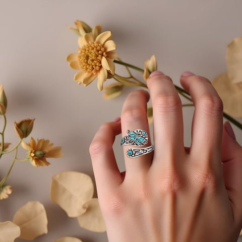 Sterling Silver Turquoise Hummingbird Butterfly Sunflower Adjustable Spoon Ring