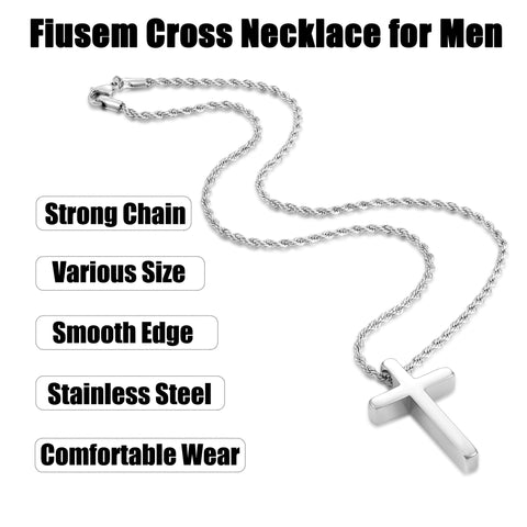 Sterling Silver Cross Pendant Necklace with Stainless Steel 2.5mm Rope Chain