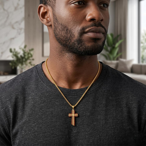Wood 14K Gold Plated Cross Pendant Necklace
