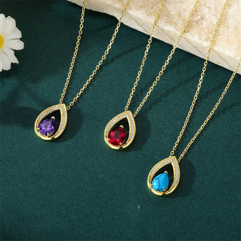 Sterling Silver Teardrop Birthstone Pendant Necklace Valentine's Day Gifts for Her