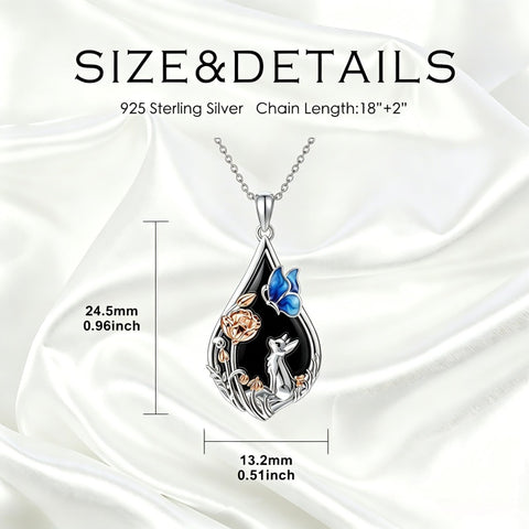 Sterling Silver Obsidian Bunny Cat Elephant Dog Fox Teardrop Pendant Necklace