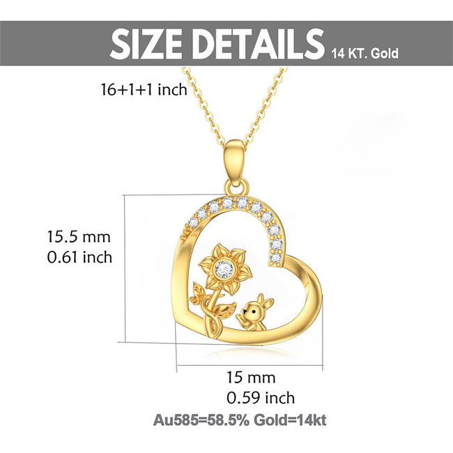 14K Solid Gold Rabbit Heart Necklace for Women Girls, Real Yellow Gold Cute Bunny And Sunflower Heart Pendant Necklaces,16"+1"+1"