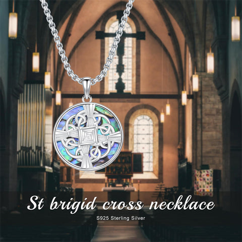 Sterling Silver Moss Agate Abalone Shell St Brigid’s Cross Christian Protection Pendant Necklace