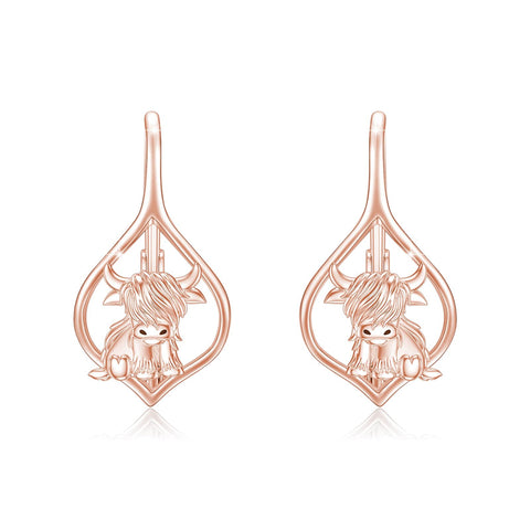 10K 14K 18K Solid Gold Highland Cow Leverback Earrings
