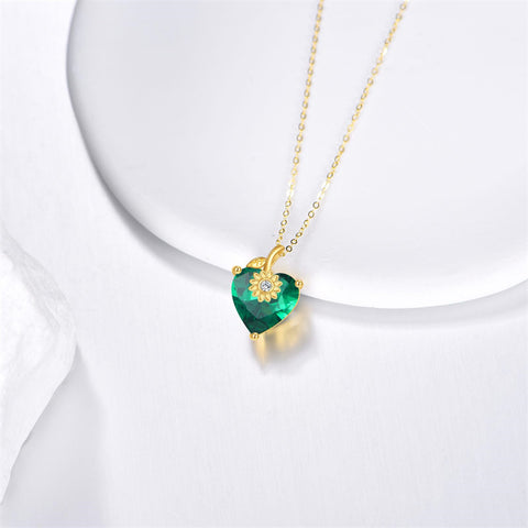 10K 14K 18K Yellow Gold Heart Birthstone Sunflower Pendant Necklace