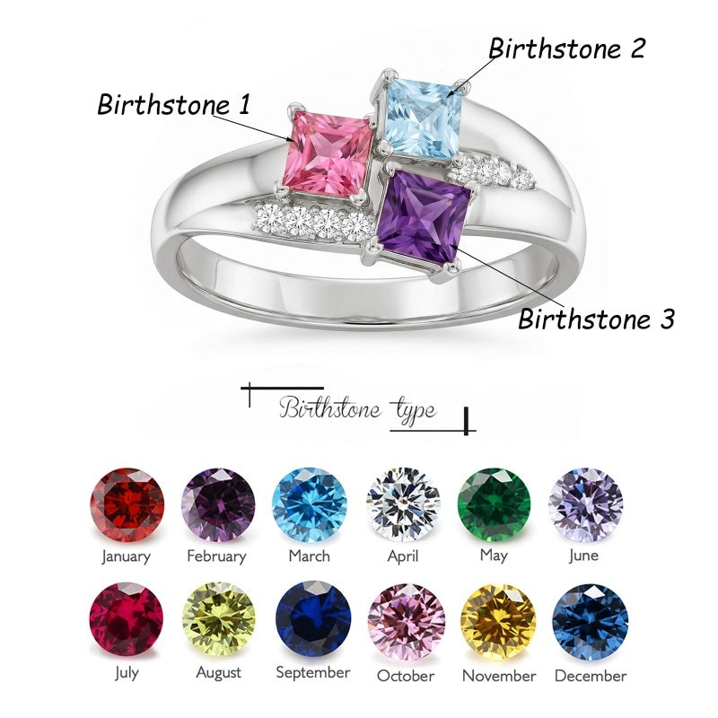 10K 14K 18K Gold Square Shaped Personalized 1-5 Birthstone  Family Mother's Ring Anniversary Ring for Women