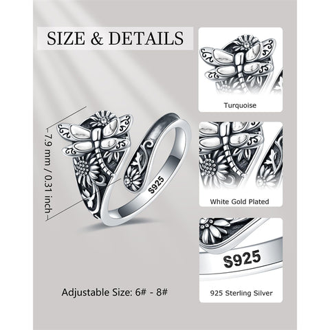 Sterling-Silver White Turquoise Dragonfly Spoon Ring and Dragonfly Sunflower Dangle Earrings