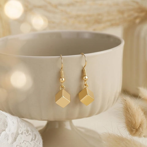 14K Gold Plated Cube Design with French Hook Drop Earring for Women