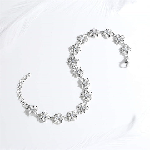 Daisy Flower Bracelet White Laser Engraved 925 Sterling Silver CZ Adjustable Chain 6.5"+1.5" Extender