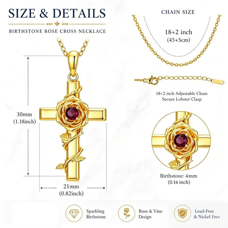 Birthstone Cross 14K Gold Plated Pendant Rose Cross Necklace for Women