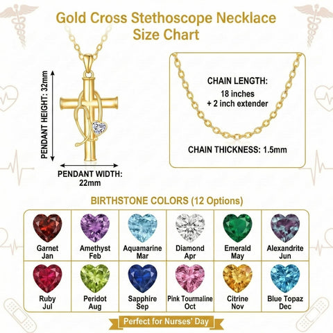 Stethoscope Cross 14K Gold Plated Pendant Necklace for Women Nurse Doctor Birthday Graduation Gift for Medical Student