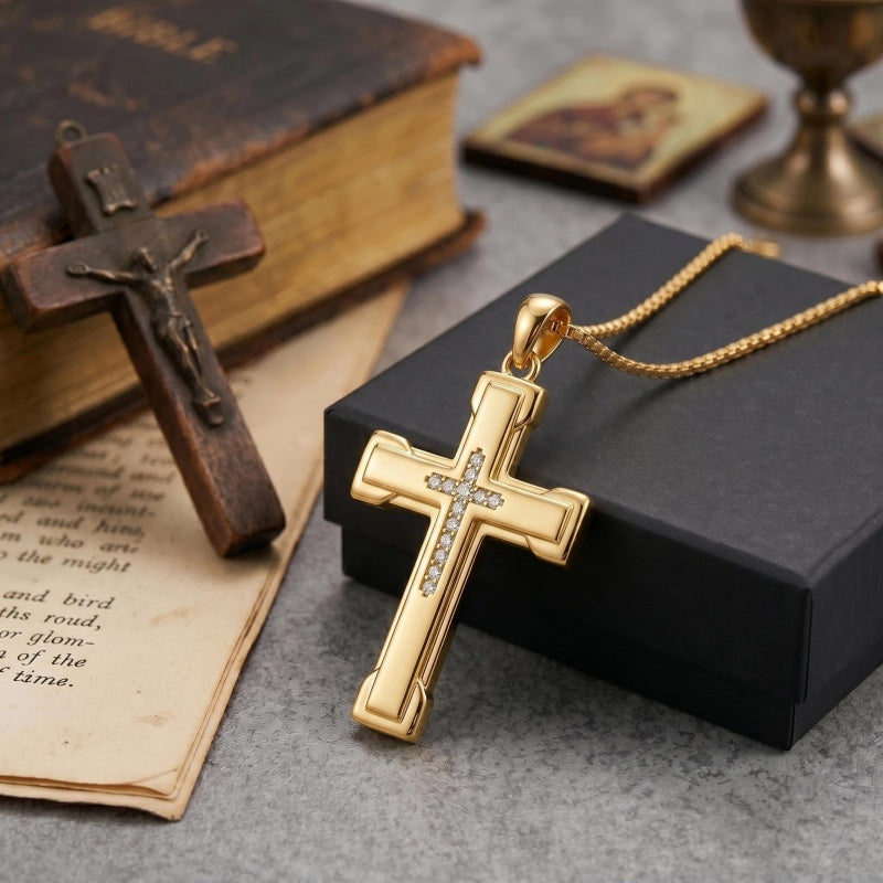 14K Gold Plated Cubic Zircon Cross Pendant Necklace for Men Birthdays Anniversary Christmas Father's Day Gift