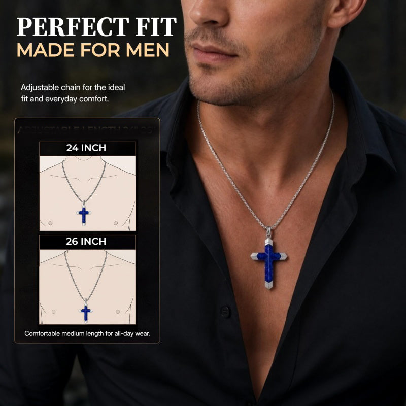 14K Gold Plated Turquoise Lapis Lazuli Cross Necklace for Men with Adjustable Chain