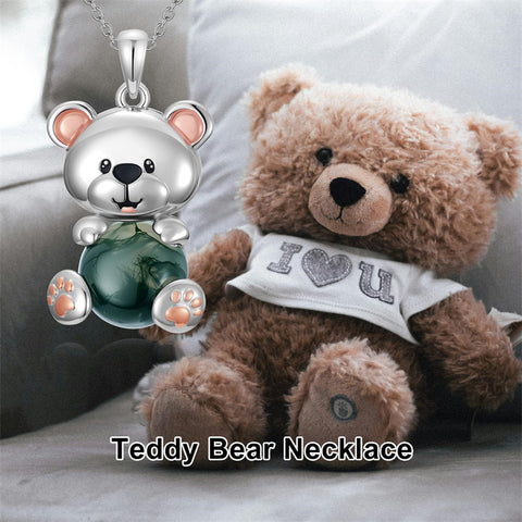 Sterling Silver Moss Agate Hippo Koala Elephant Teddy Bear Pendant Necklace