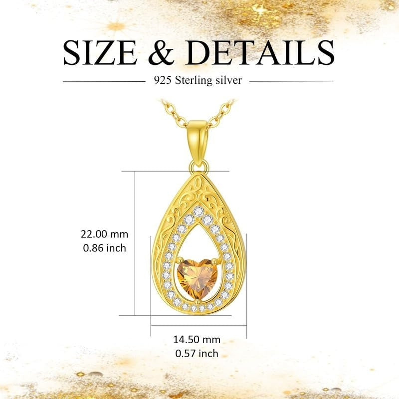 Vintage Teardrop Birthstone 14K Yellow Gold Plated Pendant Necklace for Women