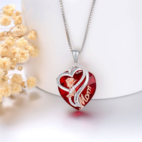Mothers Day Gifts for Mom Sterling Silver Mom Necklace Heart Rose Pendant Birthstone Jewelry Gifts for Mom from Daughter Son for Women