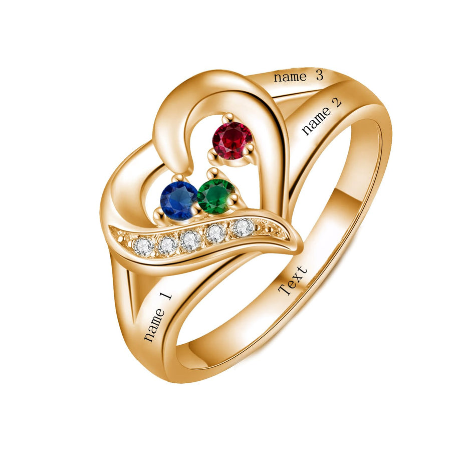 10K 14K 18K Gold Personalized 1-6 Stones Engraved Heart Mother Ring for Mother's Day