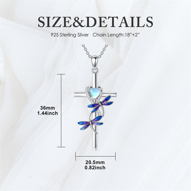 Sterling Silver Cross Moonstone Dragonfly Butterfly Bee Hummingbird Ladybug Pendant  Necklace for Women