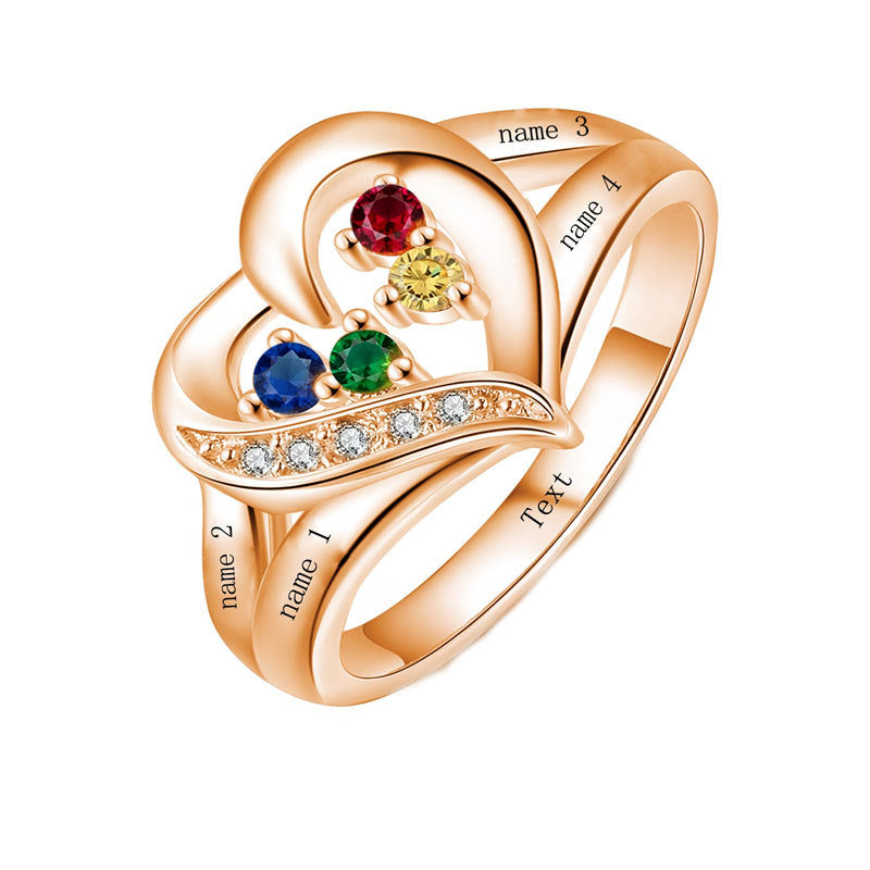 10K 14K 18K Gold Personalized 1-6 Stones Engraved Heart Mother Ring for Mother's Day