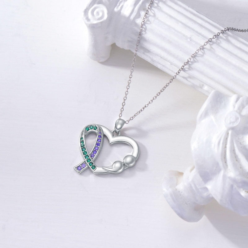 Sterling Silver Teal and Purple Ribbon Ribbon Pendant Necklace Awareness Jewelry Inspirational Gifts for Women