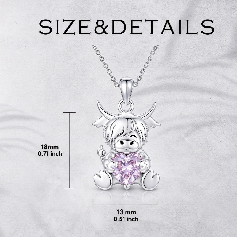 Sterling Silver Birthstone Highland Cow Pendant Necklace Birthday Christmas Gift