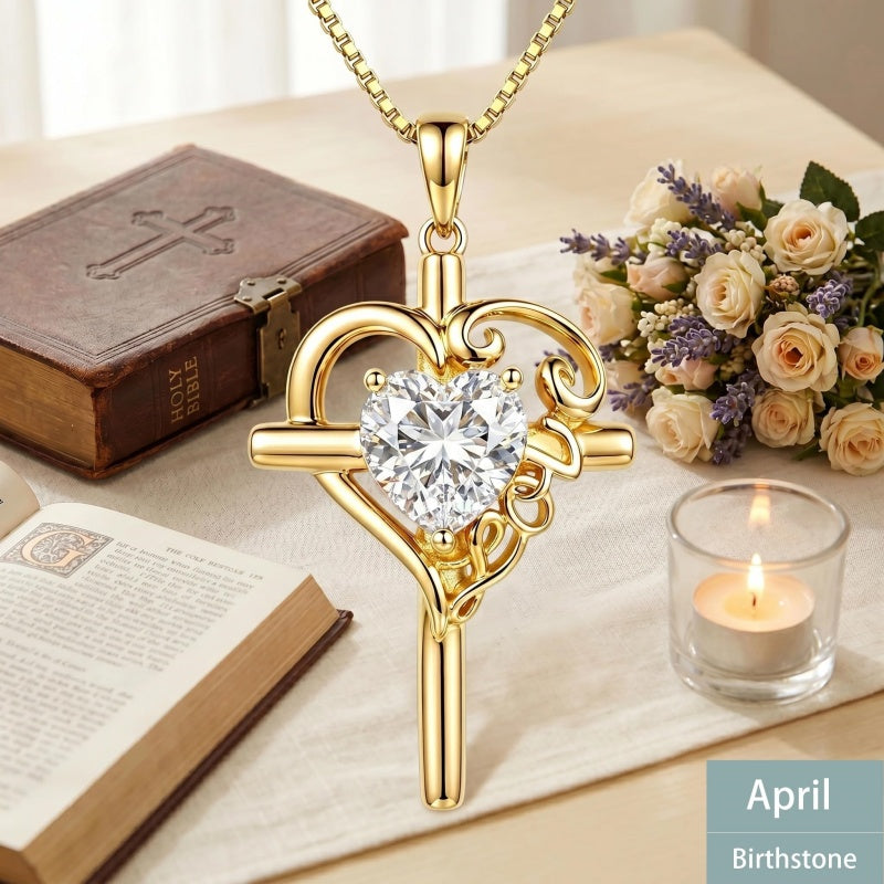 14K Gold  Plated Heart Shape Birthstone  Love Cross Necklace for Women Religious Jewelry