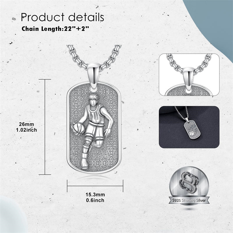 Sterling Silver Dog Tag Baseball Basketball Softball Soccer Pendant Necklace for Men